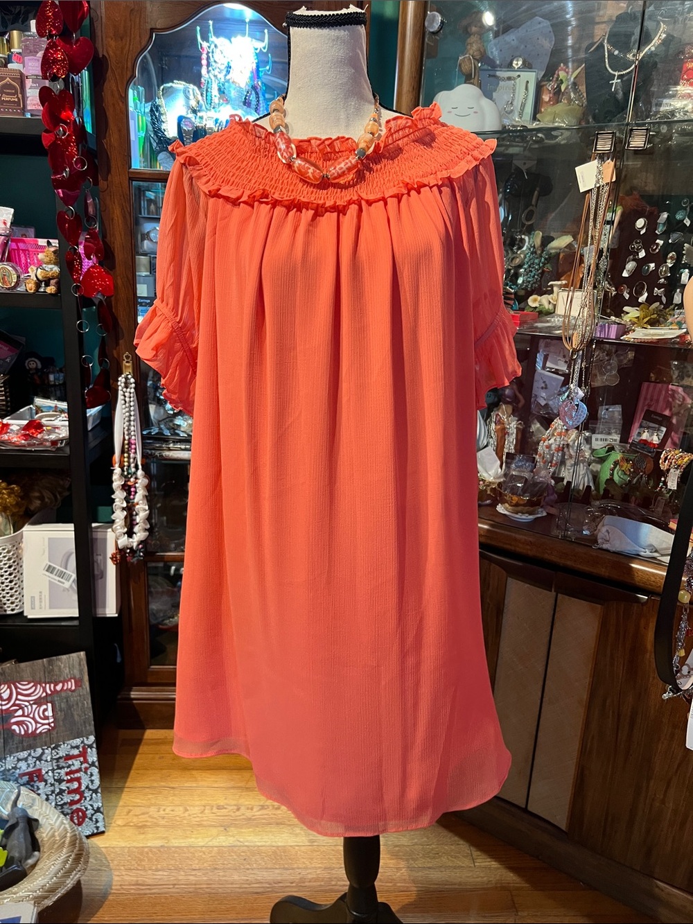 Coral Off-Shoulder Smocked Yoke Dress